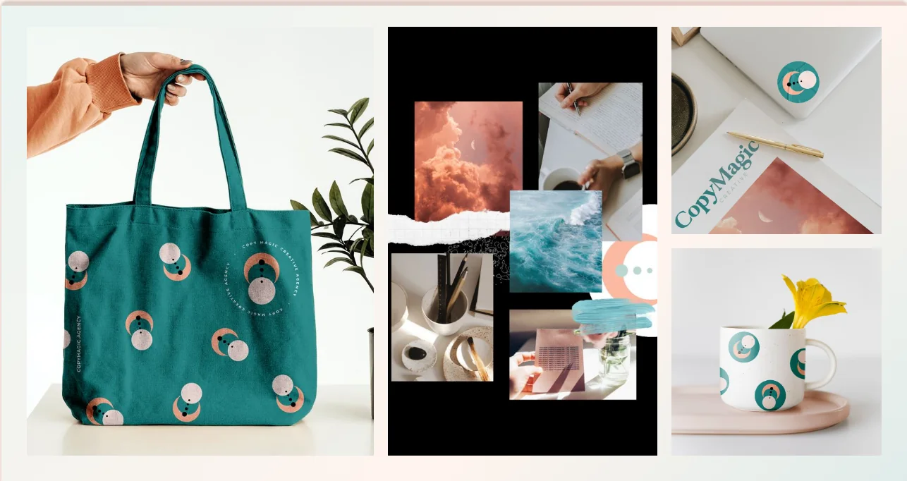 CopyMagic Creative branding collage featuring tote bag, moodboard, stationery and mug