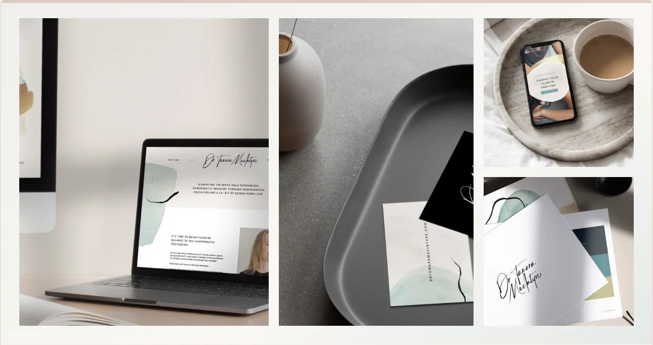 Dr. Tamara MacIntyre website and brand identity collage featuring laptop, stationery and social media graphics