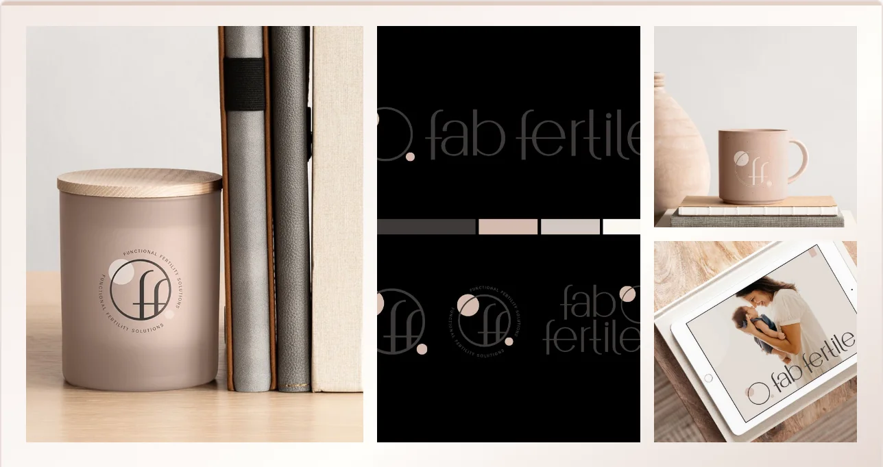 Fab Fertile brand identity collage showing candles, visual identity, mug and website