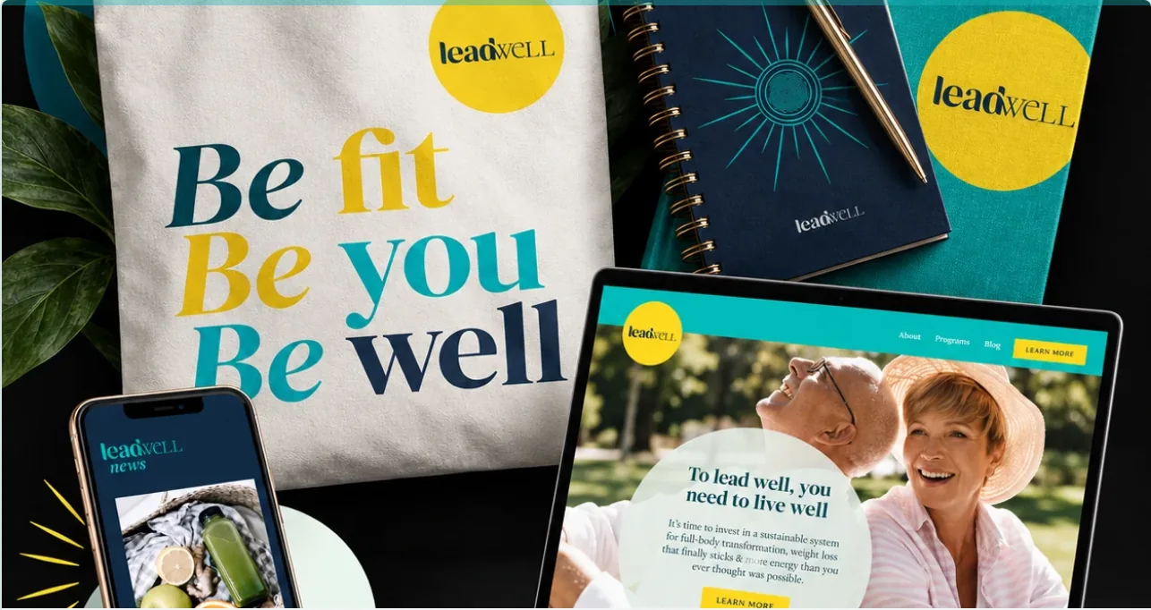 Leadwell wellness branding collage featuring branded tote bag, notebooks and website mockup