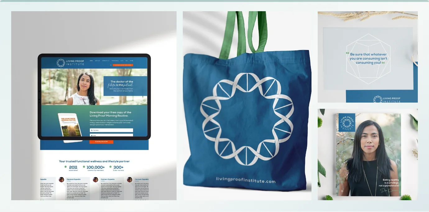 Living Proof Institute branding collage showing website, blue tote bag, stationery and social media designs