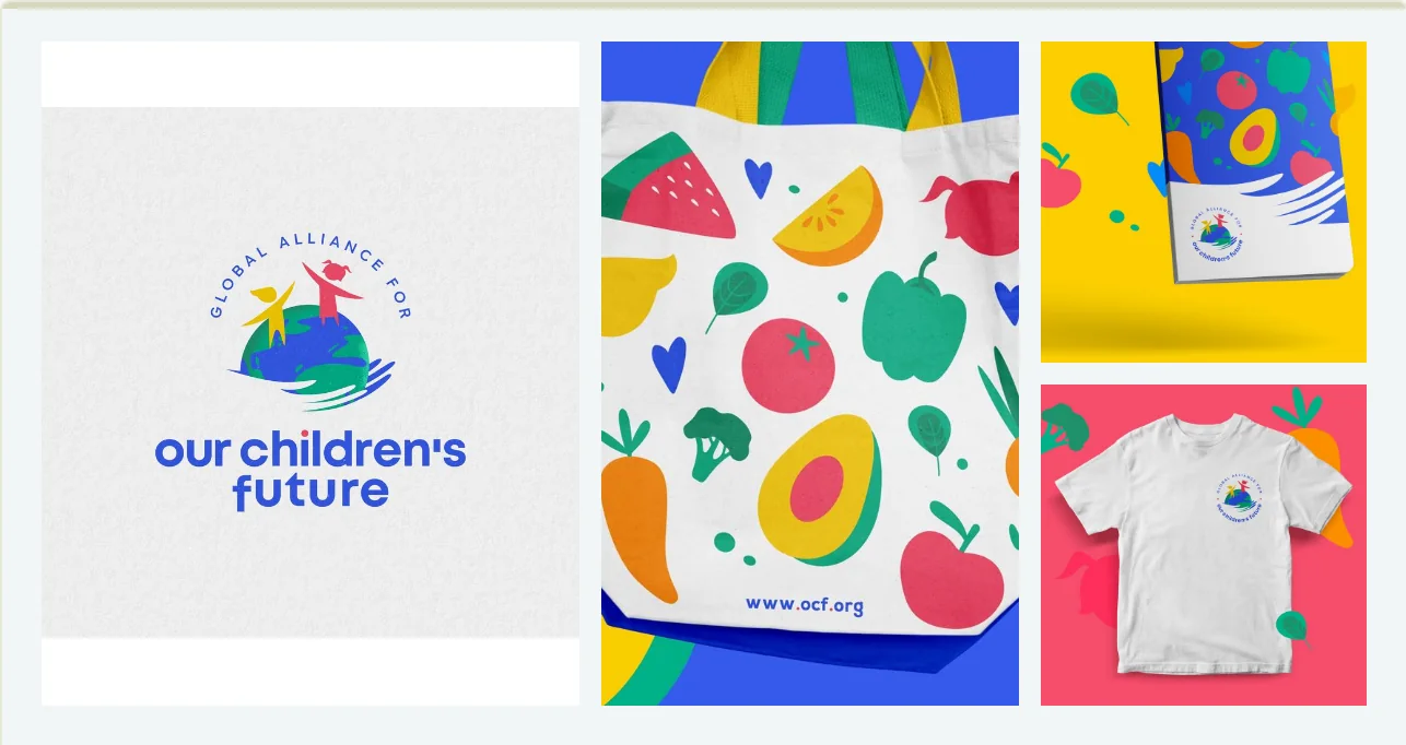 Our Children’s Future nonprofit branding collage with illustrated tote bag, stationery and merchandise