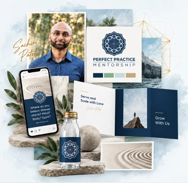Perfect Practice Mentorship brand identity collage featuring Sachin Patel, logo, stationery and website design