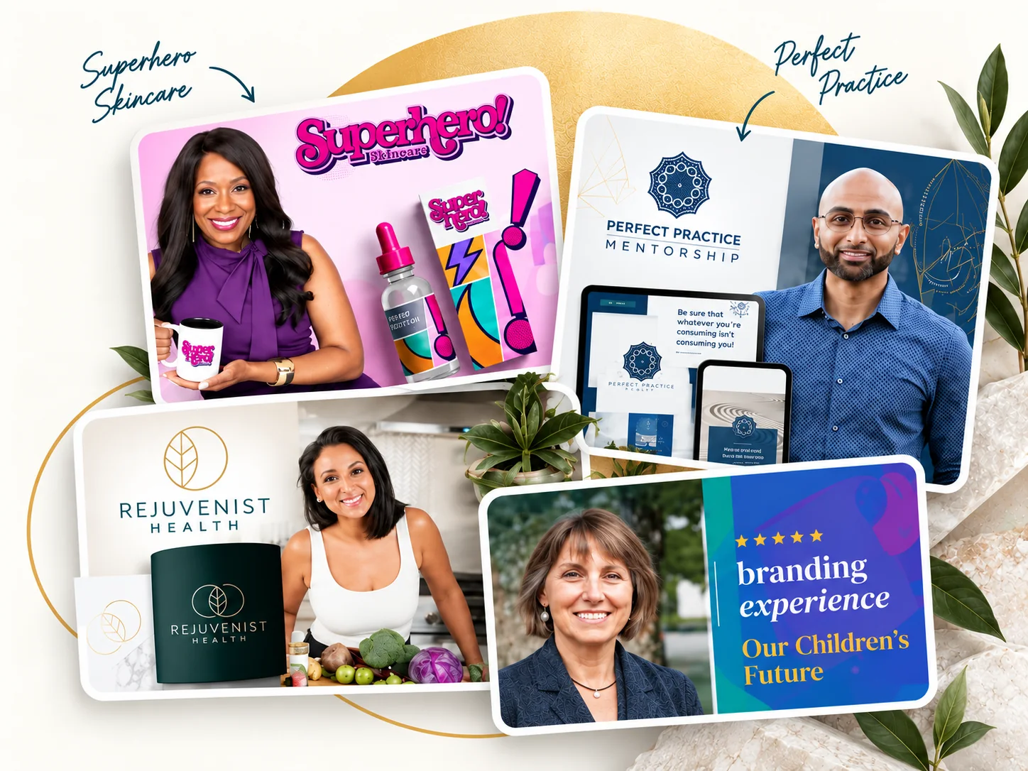 Brand Better health and wellness branding portfolio collage featuring Superhero Skincare, Perfect Practice, Rejuvenist Health and Our Children’s Future