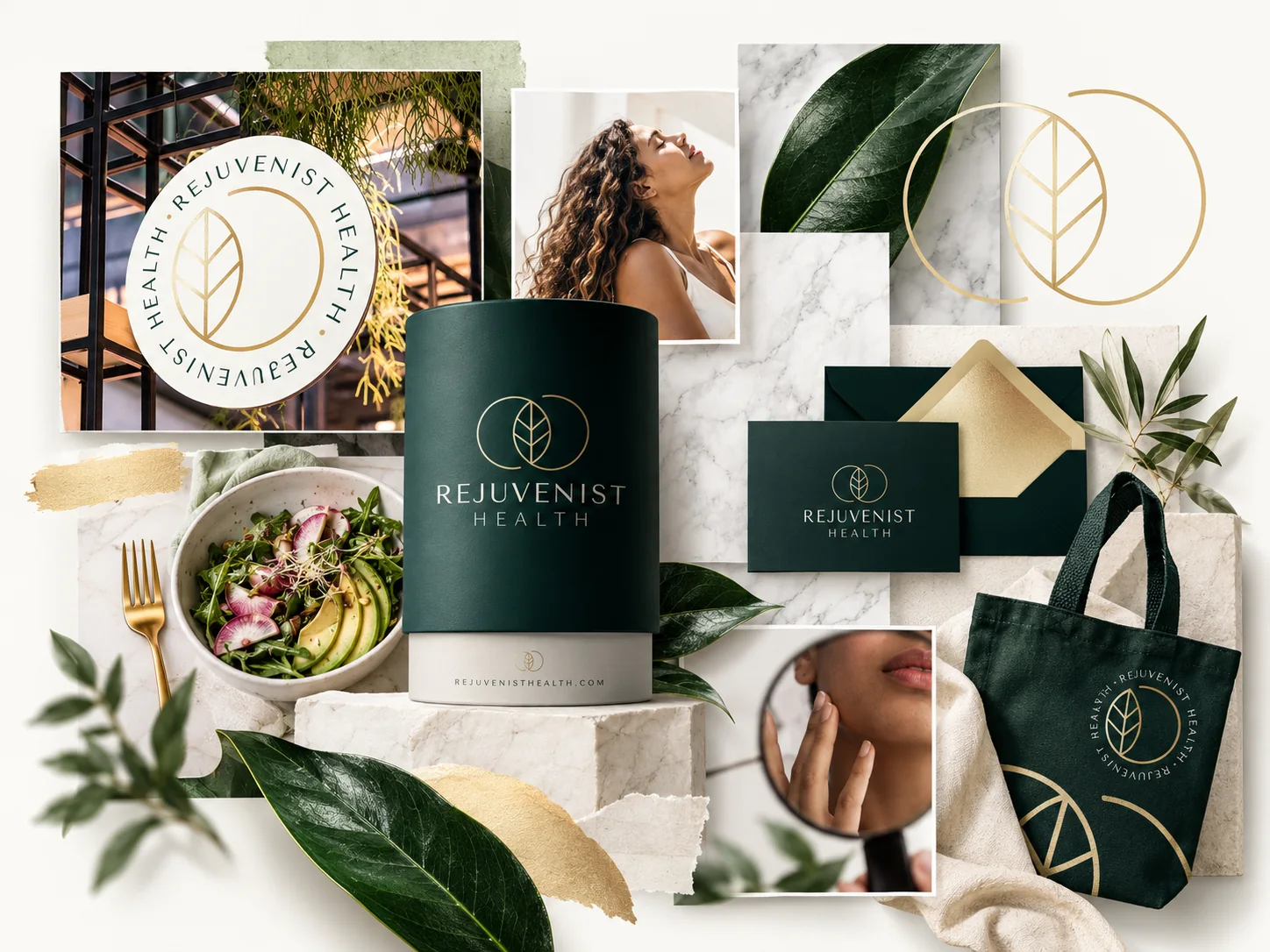 Rejuvenist Health wellness brand identity collage with botanical branding, stationery, packaging and website artwork
