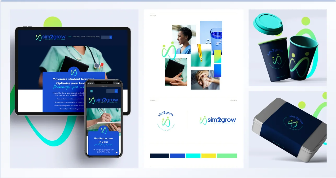 Sim2Grow education brand collage showing website mockups, brand board and branded products