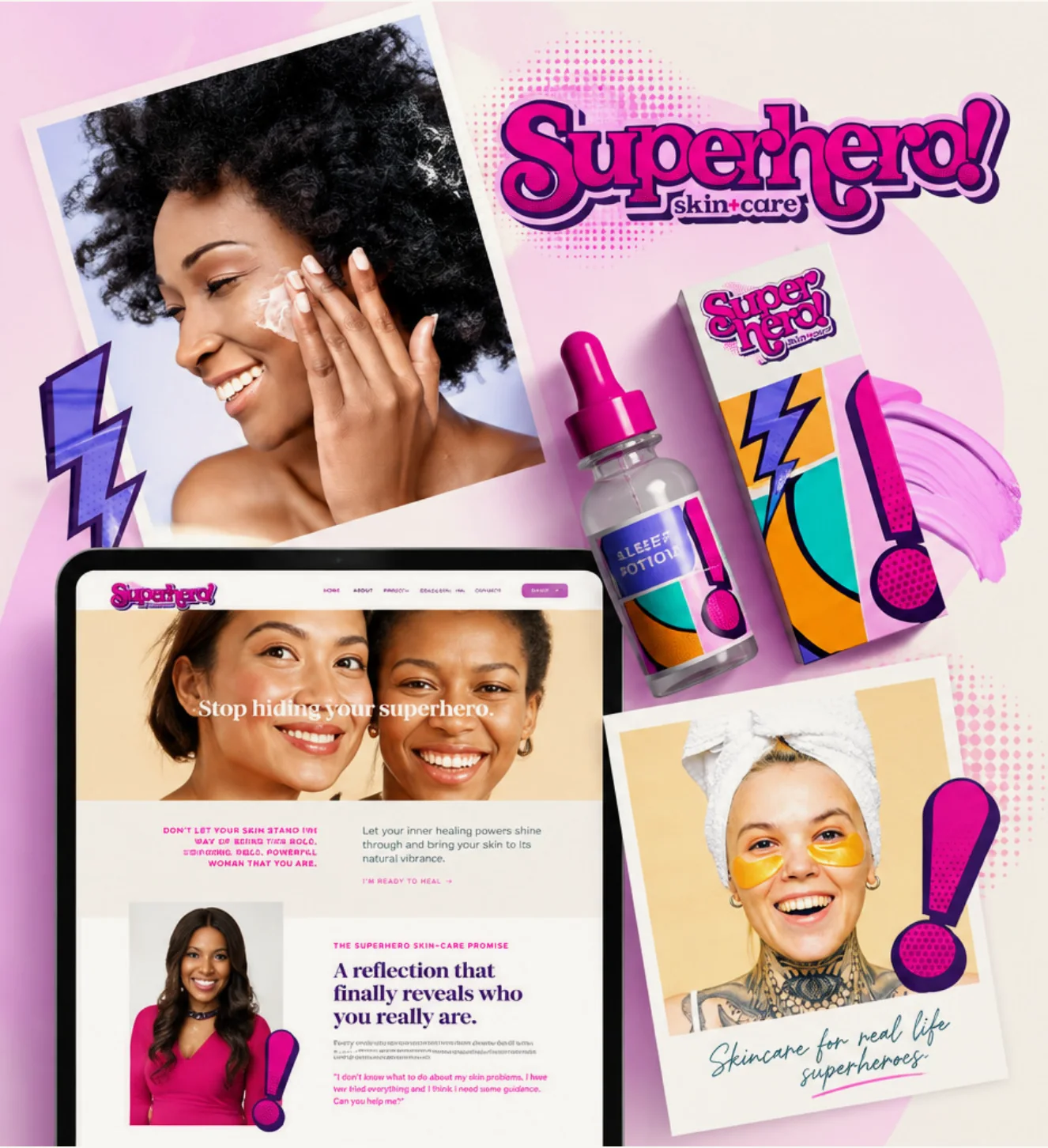Superhero Skincare branding case study with skincare packaging, logo design and website mockups