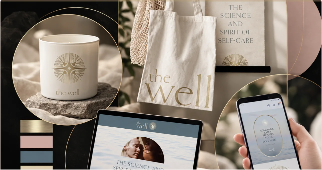 The Well branding collage featuring luxury wellness packaging, website and self-care lifestyle designs