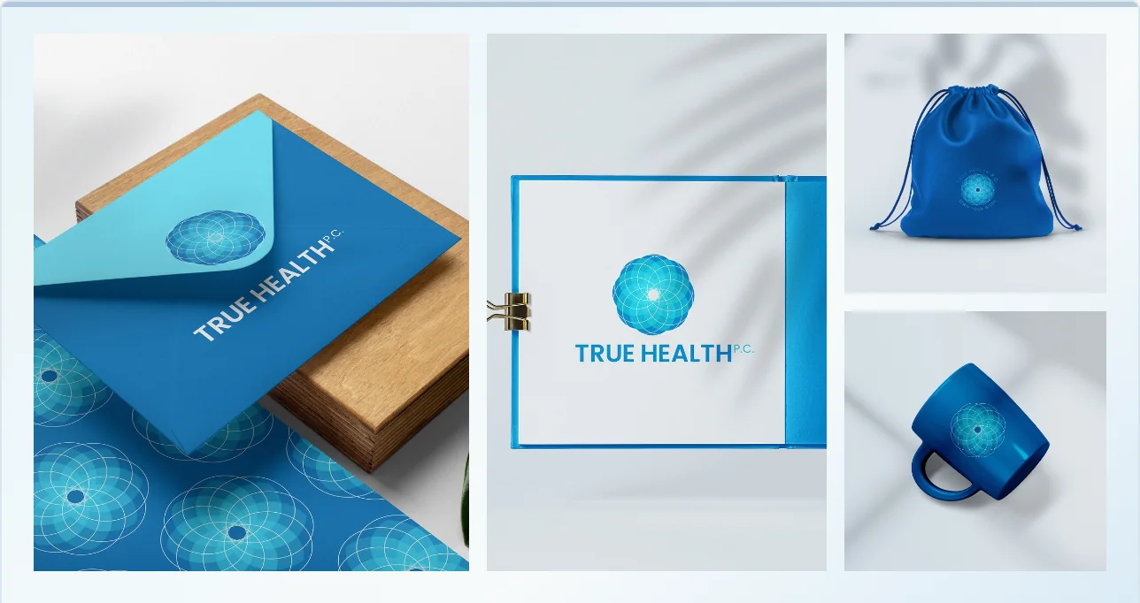 True Health P.C. branding collage featuring blue stationery, logo, pouch and mug