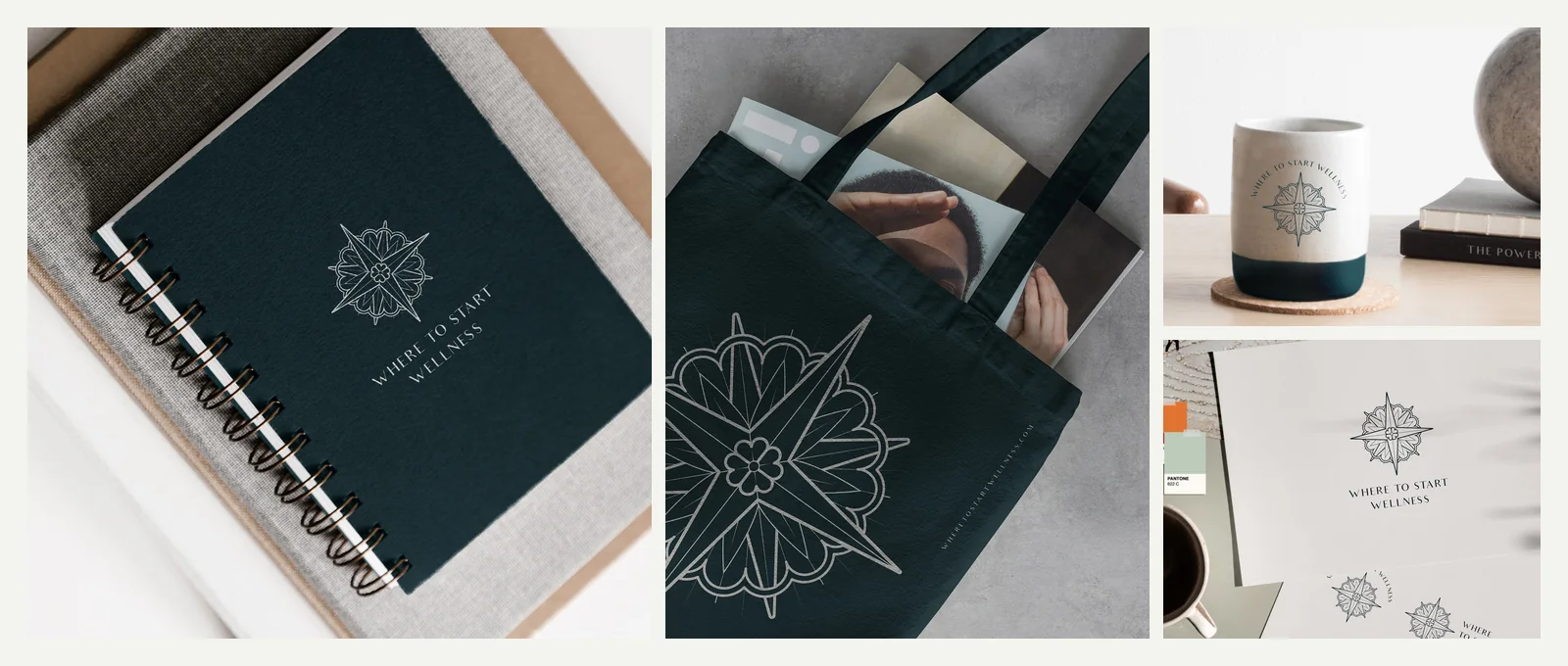 Where to Start Wellness branding collage with notebook, tote bag, coffee mug and stationery