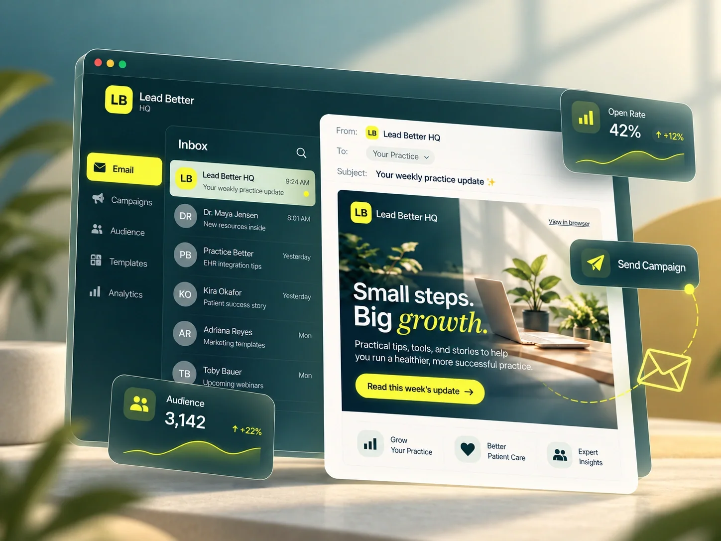 Lead Better HQ email marketing inbox and campaign dashboard