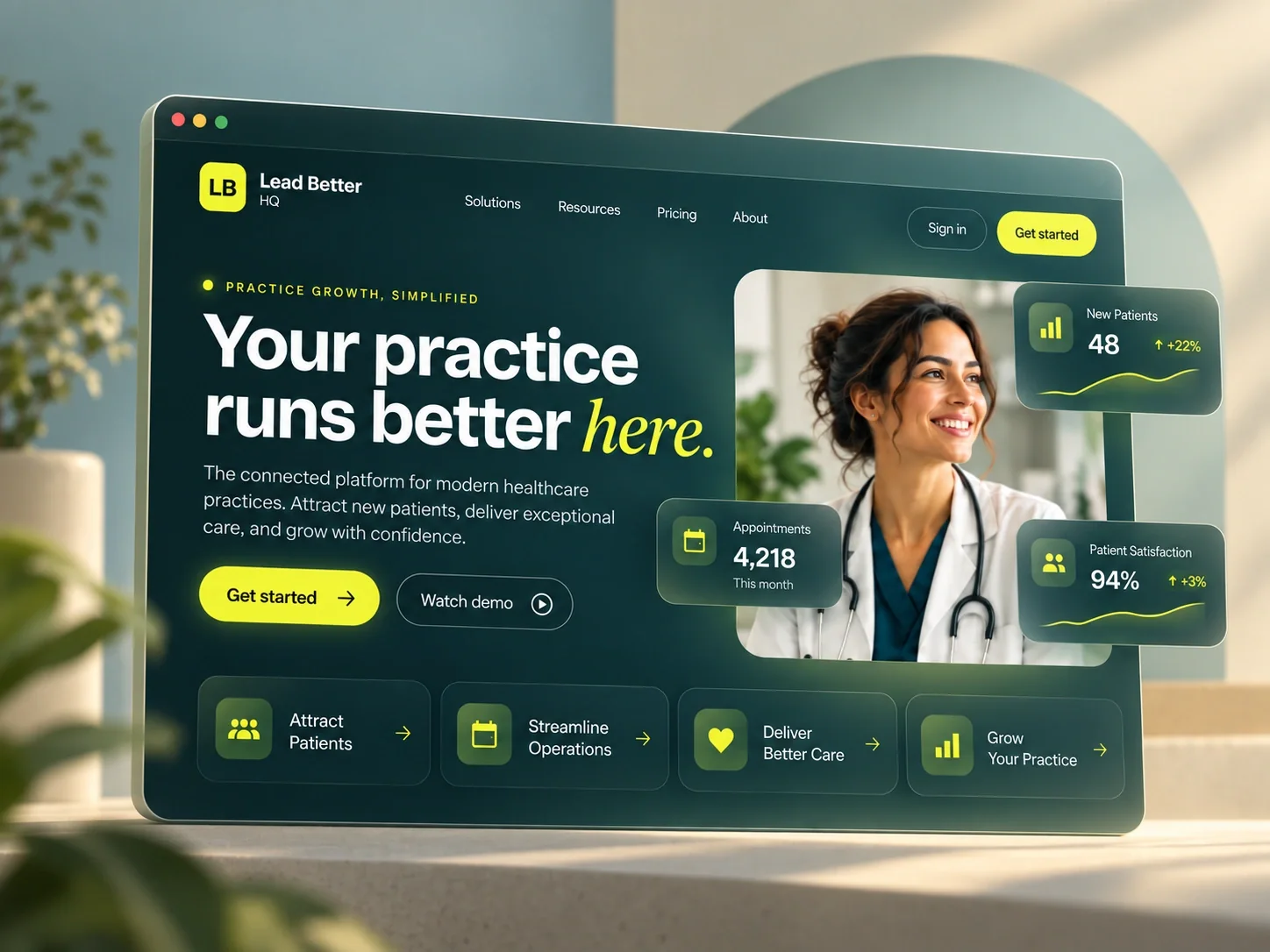 Lead Better HQ website builder and branded healthcare website mockup