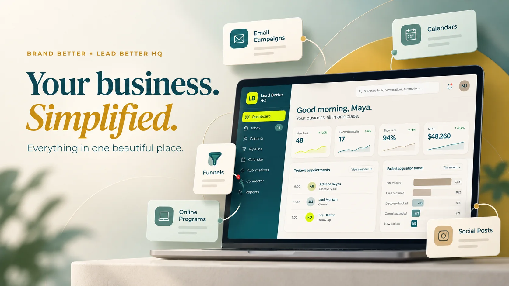 Illustration showing Lead Better HQ as the home for a brand's website, email campaigns, calendars, funnels, online programs, and social posts.