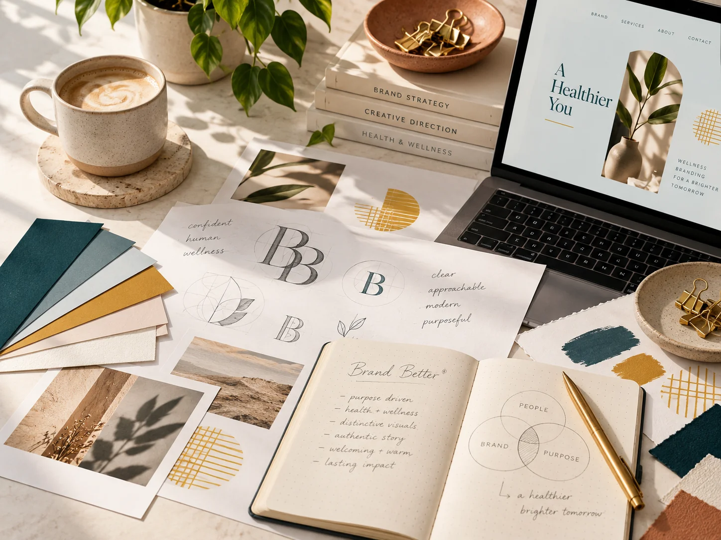 Brand Better creative branding process with typography sketches, color swatches, website design concepts and a thoughtfully styled workspace